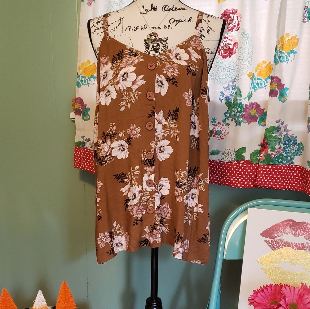TORRID Brown linen button front floral cami NWT L 12 plus size 0X - Picture 2 of 6